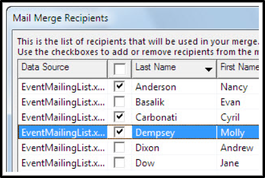 mail merge check box word