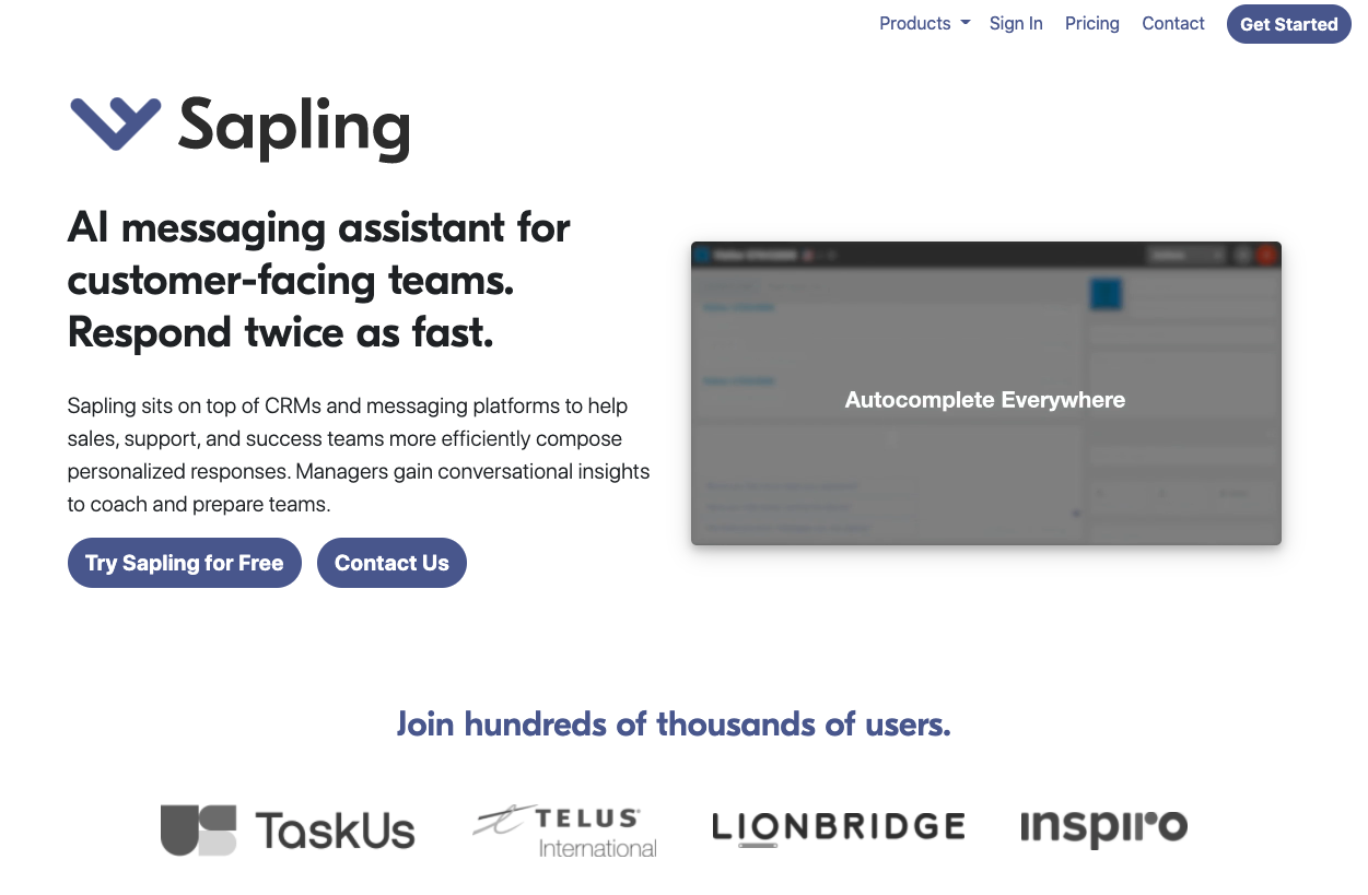 Sapling homepage screenshot