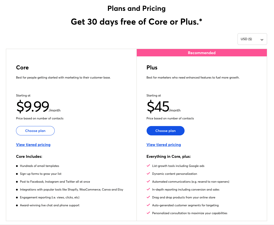 Constant Contact pricing tiers