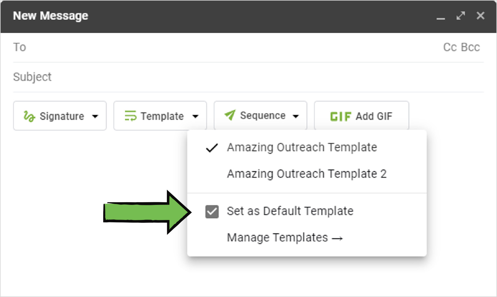 choose default template in right inbox