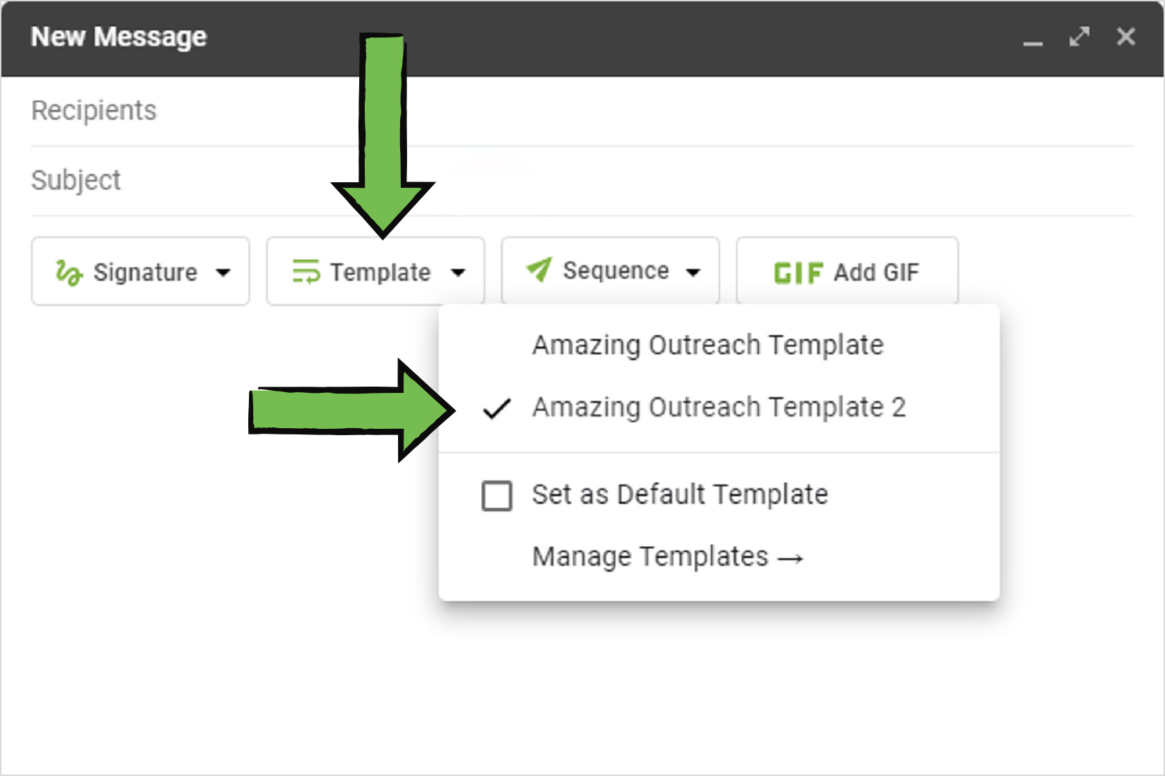 choose template in right inbox