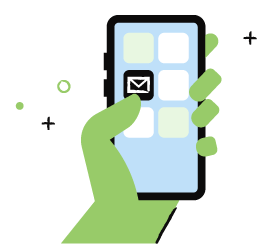 Green hand hovering over the email icon on a smartphone.