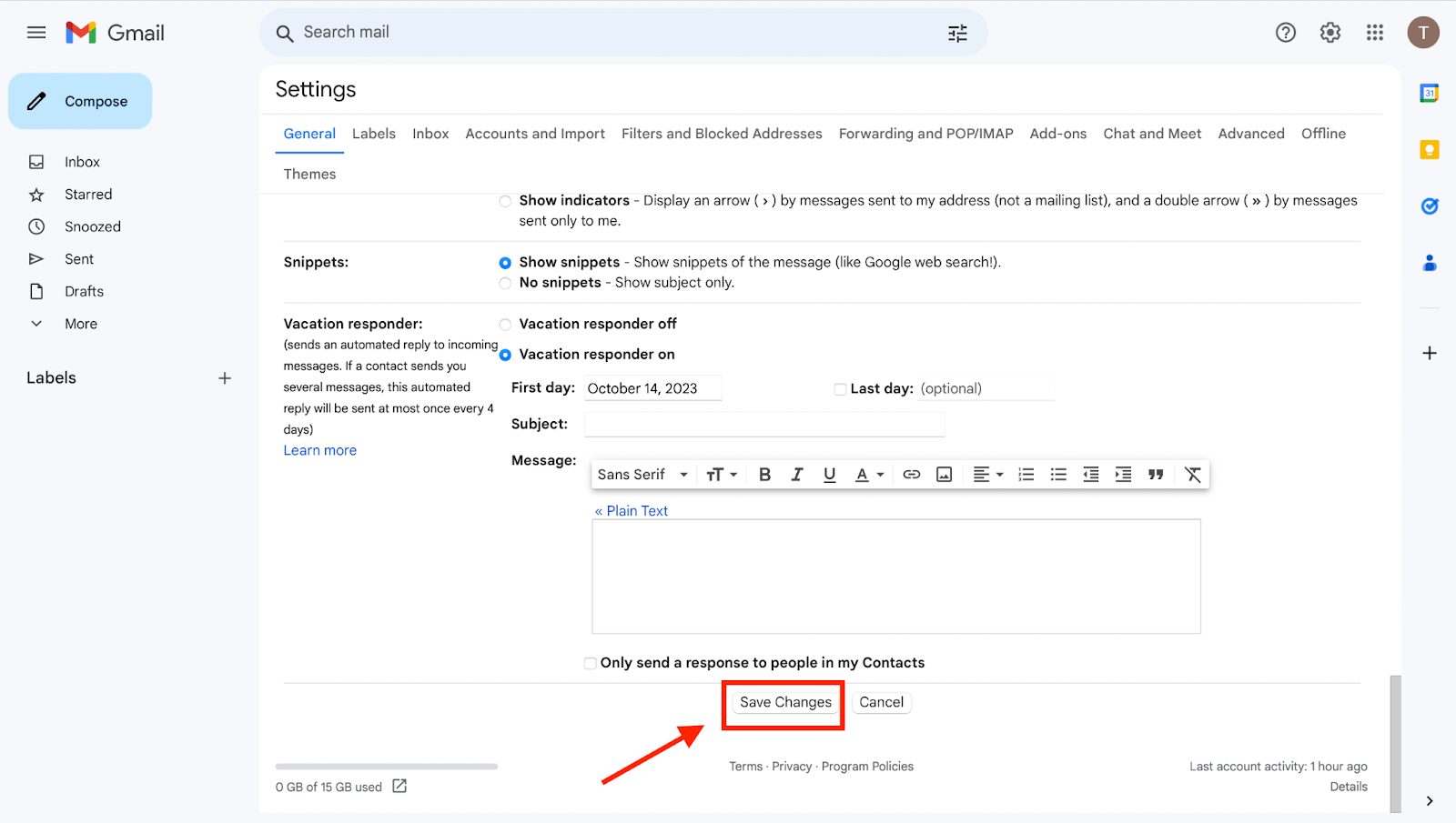 gmail settings screenshot with save changes highlighted